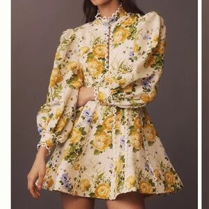 BHLDN Open-Back Linen and Silk Mini Dress in Yellow and Cream ($298)